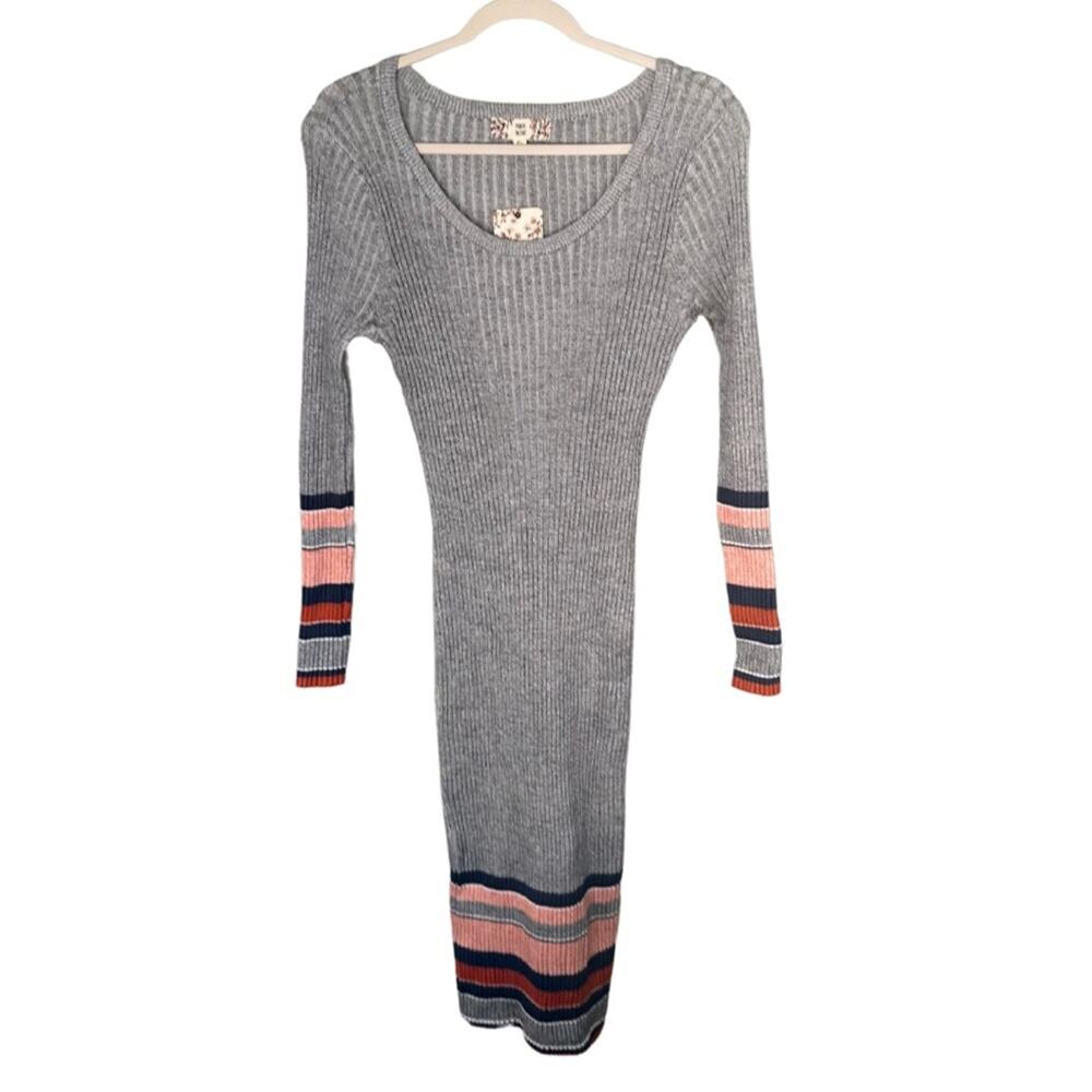 Pink Rose NWT Ribbed Grey Knit MIDI Dress Navy Pink Coral Stripes F9